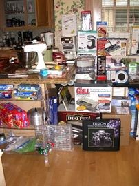 Lots of new-in-the-box items, acrylic/Lucite shelf, Kitchen Aid mixer