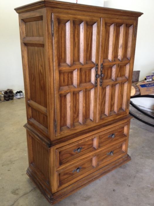 Solid Oak Armoire with black iron hardware from Bayles Furniture- Convert to TV cabinet or keep for clothing. MUST GO!