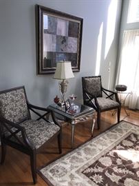 UPHOLSTERED CHAIRS AND MIRRORED TABLE WITH DRAWER