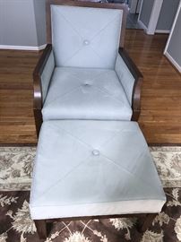 LIGHT BLUE MICROFIBER AND WOOD CHAIR WITH OTTOMAN