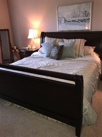 BEDROOM SET-KING SIDE CHERRY WOOD SLAY BED AND MATTRESS WITH BOXSPRING, NIGHTSTANDS WITH GRANITE TOPS, DRESSER WITH MIRROR CHERRY WOOD AND GRANITE TOP, TALL CHEST OF DRAWERS
