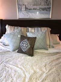 BEDROOM SET-KING SIDE CHERRY WOOD SLAY BED AND MATTRESS WITH BOXSPRING, NIGHTSTANDS WITH GRANITE TOPS, DRESSER WITH MIRROR CHERRY WOOD AND GRANITE TOP, TALL CHEST OF DRAWERS
