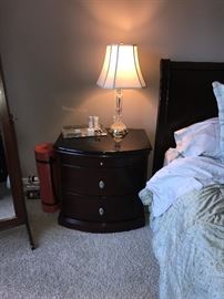 BEDROOM SET-KING SIDE CHERRY WOOD SLAY BED AND MATTRESS WITH BOXSPRING, NIGHTSTANDS WITH GRANITE TOPS, DRESSER WITH MIRROR CHERRY WOOD AND GRANITE TOP, TALL CHEST OF DRAWERS