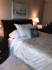BEDROOM SET-KING SIDE CHERRY WOOD SLAY BED AND MATTRESS WITH BOXSPRING, NIGHTSTANDS WITH GRANITE TOPS, DRESSER WITH MIRROR CHERRY WOOD AND GRANITE TOP, TALL CHEST OF DRAWERS