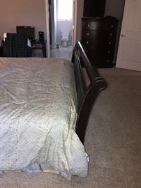 BEDROOM SET-KING SIDE CHERRY WOOD SLAY BED AND MATTRESS WITH BOXSPRING, NIGHTSTANDS WITH GRANITE TOPS, DRESSER WITH MIRROR CHERRY WOOD AND GRANITE TOP, TALL CHEST OF DRAWERS