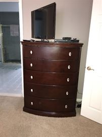 BEDROOM SET-KING SIDE CHERRY WOOD SLAY BED AND MATTRESS WITH BOXSPRING, NIGHTSTANDS WITH GRANITE TOPS, DRESSER WITH MIRROR CHERRY WOOD AND GRANITE TOP, TALL CHEST OF DRAWERS