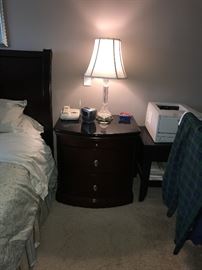 BEDROOM SET-KING SIDE CHERRY WOOD SLAY BED AND MATTRESS WITH BOXSPRING, NIGHTSTANDS WITH GRANITE TOPS, DRESSER WITH MIRROR CHERRY WOOD AND GRANITE TOP, TALL CHEST OF DRAWERS