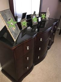 BEDROOM SET-KING SIDE CHERRY WOOD SLAY BED AND MATTRESS WITH BOXSPRING, NIGHTSTANDS WITH GRANITE TOPS, DRESSER WITH MIRROR CHERRY WOOD AND GRANITE TOP, TALL CHEST OF DRAWERS