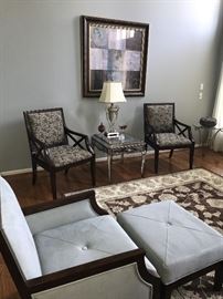 UPHOLSTERED CHAIRS AND MIRRORED TABLE WITH DRAWER