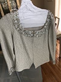 ST. JOHN KNIT BY MARIE GRAY-SEQUIN GREY JACKET AND SKIRT