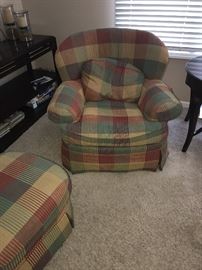CHECKERED LOUNGE CHAIR AND OTTOMAN