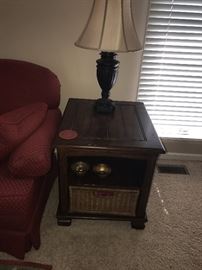 WOODEN SIDE TABLE WITH WICKER DRAWER AND LAMP
