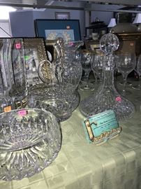 WATERFORD CRYSTAL DECANTER, CREAM AND SUGAR BOWL, CANDY BOWL, JARS, PITCHER