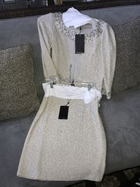 ST. JOHN KNIT BY MARIE GRAY-SEQUIN GREY JACKET AND SKIRT
