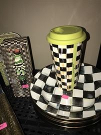 MACKENZIE CHILDS COURTLY CHECK ENAMEL BOWLS , COFFEE CUP, WINE STOPPER AND SALT AND PAPER SHAKERS