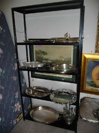METAL SHELF, SILVERPLATED SERVING PIECES
