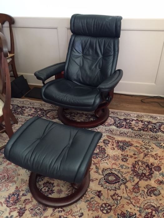 Dania Furniture EKORNES STRESSLESS Dark blue leather chair and ottoman 