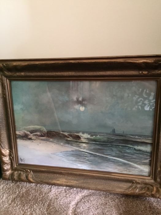 Seascape watercolor by Moore with appraisal 