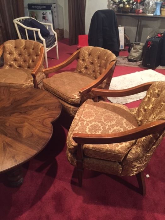 Mid Century Modern Three tufted chairs in gold and 4 leaf wood table.