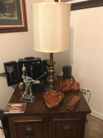 Lamp, vintage table, and some cute collectibles. 