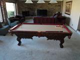 THIS IS A 8' CUSTOM MADE DARK WALNUT MOHAGANY, SLATE POOL TABLE IN PERFECT CONDITION, WITH ROYAL RED FELT BUMPERS, LEATHER POCKETS, AND ITALIAN EAGLE CLAW LEGS, WITH NOT A "SCRATH" ON IT !