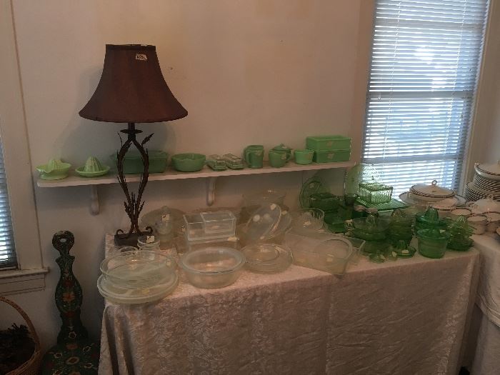 jadite glass and green glass- just packed out w/ vintage glass of all kinds   -