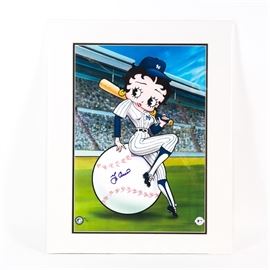 Yogi Berra Signed "Betty on Deck" New York Yankees Lithograph: A limited edition Betty on Deck animation sericel signed by Yogi Berra (1925-2015), who played for the New York Yankees from 1946 to 1963. It depicts a color image of the cartoon character Betty Boop standing in a baseball stadium while wearing a Yankees baseball uniform, a bat rests on her shoulder. She leans against an oversized baseball that has been hand signed by Berra. The piece is stamped with an official MLB logo, an official Fleischer Studios logo, and hand numbered “H.C. 2/50”. Comes in a protective plastic sleeve, which includes a Classic Moments certificate of authenticity on the reverse.