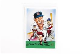 After Sami Viviano Hand Painted "Stan the Man" Animation Cel Signed By Stan Musial: A hand painted animation cel after Sami Viviano titled Stan the Man, signed by Stan Musial. It features a colorful collage of caricatures of the outfielder at bat. Musials’ signature appears at the bottom, along with Sam Viviano’s signature and the print number “A.P. [artist’s proof] 3/20”. The clear plastic cel is set against a printed Musial caricature background. The piece comes in a protective plastic sleeve with a Toon Art certificate of authenticity and an image of Musial signing the piece.
