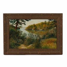 D. Howard Vintage Original Oil Landscape on Academy Board: A vintage original oil painting on academy board signed to the lower right by artist D. Howard. The image depicts a scenic lake surrounded by woodland area in the late, hot summer. This painting is mounted in a textured wood frame with a distressed bronzed finish. A hanging wire is attached to the verso.