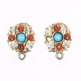 14K Yellow Gold Coral and Turquoise Earrings: A pair of yellow gold dangle earrings with spiraled design, round cabochon turquoise to the center, four round cabochon carnelian to the four points, and a ring to the bottom to add an extra piece if desired.
