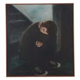1970 Oil on Canvas Painting of Boy: A 1970 original oil on canvas painting of a boy. This piece depicts a boy sitting on the bottom stoop of a flight of dark stairs, arms wrapped around his knees and face buried in those arms. The painting is signed to the lower right and dated 1970. It is presented by itself on a stretcher frame in a wooden frame with a hanging wire to the verso.