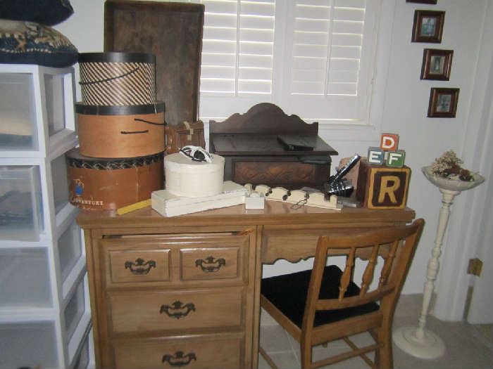 Vintage hat boxes - old blocks - candle stand - desk