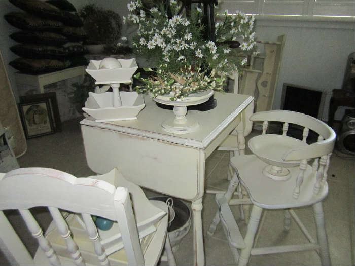 Drop leaf table and two chairs - misc. wooden decorations