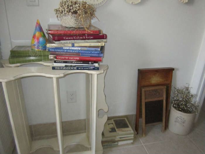 Shelving - collectible books - old crock and wash boards