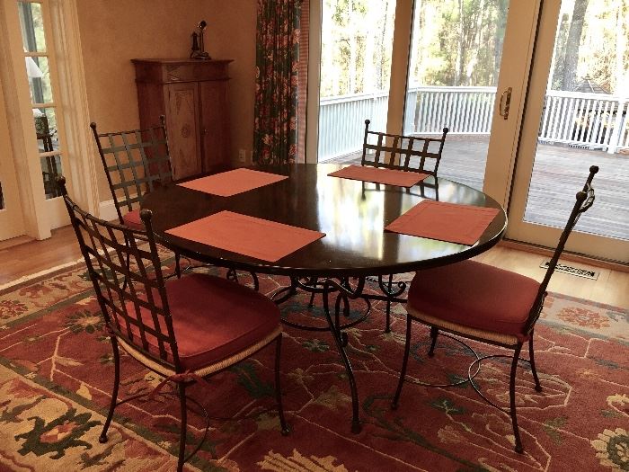 ‘Charleston Forge’ round dining table w/ (6) metal and rush seat chairs