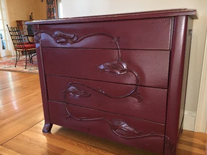 ‘ Lorts Legacy Vine’ 4 - drawer painted chest w/ sculpted vine on front	