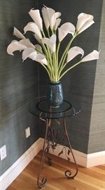 Wrought iron and glass top table with silk cala lilies