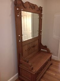 Antique quarter- sewn oak hallway coat tree/bench w/ mirror	