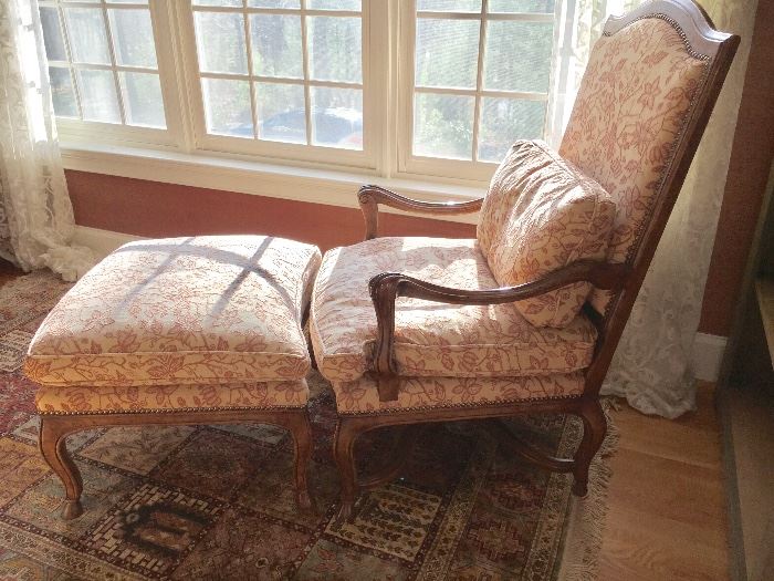 ‘Minton Spidell’ upholstered and wood reading chair w/ ottoman