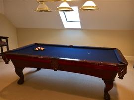 Mahogany pool table, cue rack, pool accessories cabinet, pool chairs (4) and accessories