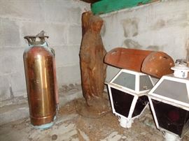 statue mold. Antique fire extinguisher. Antique lanterns