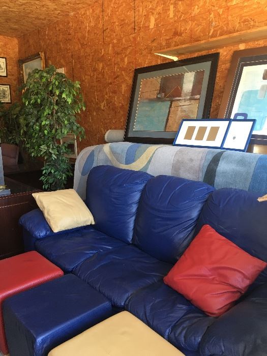 Leather sofa sleeper & ottomans