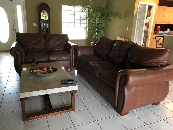 Italian Leather couch set, marble slab table. 