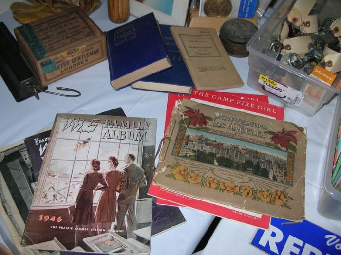Old WLS Radio magazines, soldier training manuals, old padlocks.