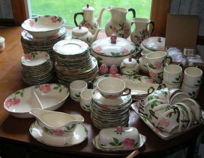 Franciscan Desert Rose dinnerware. Lots of accessory pieces. Mix of backstamps. Napkin rings mint in box.