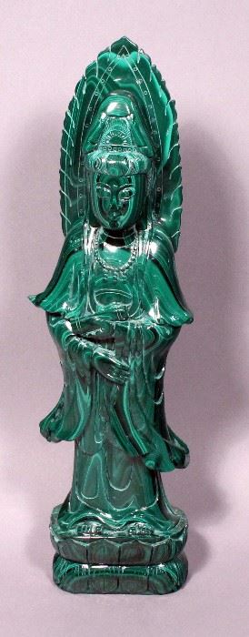 Chinese Solid Carved Malachite Buddha Statue, 15"H, Approximately 7 Lbs
