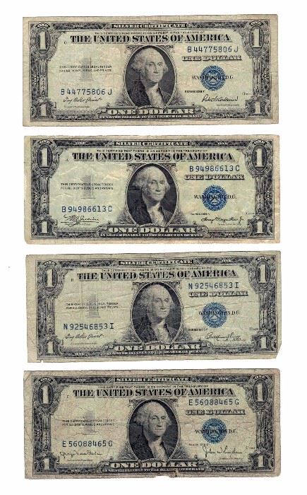 1935 and 1957 Series Blue Seal $1 One Dollar Silver Certificates, Qty 48 Total, Qty 9 1935 and Qty 39 1957 Silver Certificates