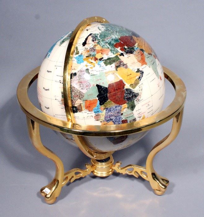 Mother of Pearl Gemstone Globe With Paw and Ball Feet and Compass, 18"H x 13"D