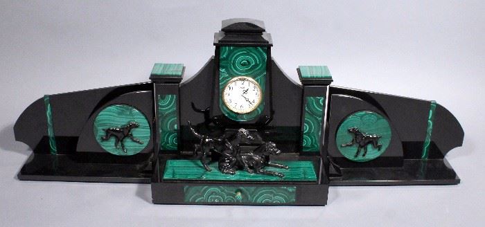 Russian Agat Azam 3 Piece Malachite and Stone Clock Set with Dog Figures and Relief, 33"W x 11"T