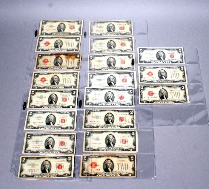1928 $2 Dollar Notes, Qty 6, 1953 $2 Dollar Notes, Qty 10, and 1963 $2 Dollar Notes, Qty 3, Red Seals